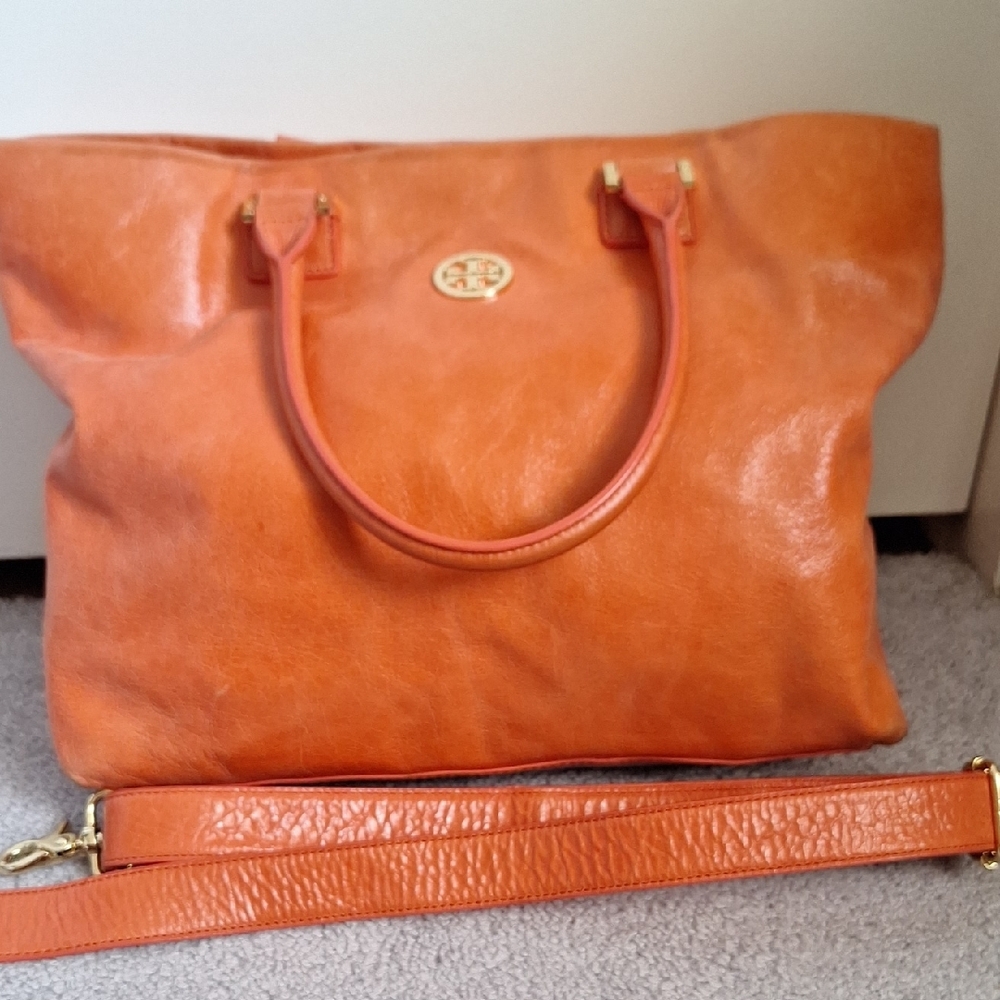 Tory Burch Orange Structured Leather Tote - Picture 9 of 12